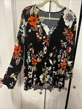 Free People Black Floral V-Neck Tunic with Orange & Mauve Accents